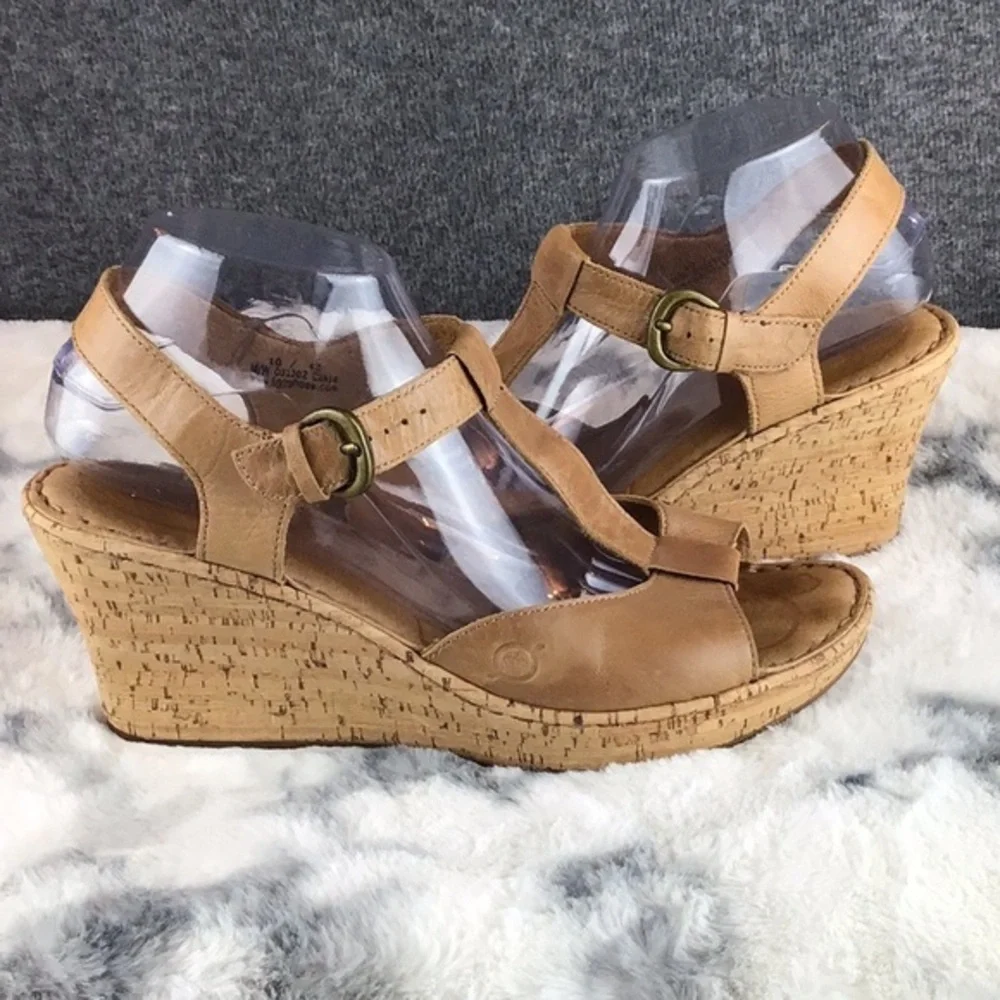 Born Leather Sandals‎ Cork Wedge T-Strap Platform Boho Wedge Sz 10